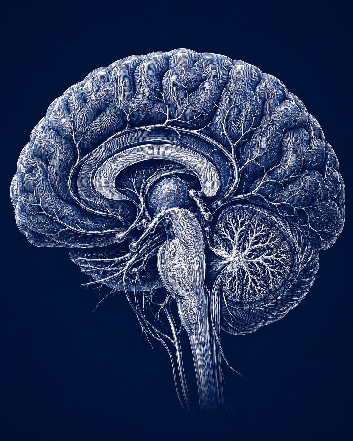 Medial cross-section of the human brain — anatomical engraving